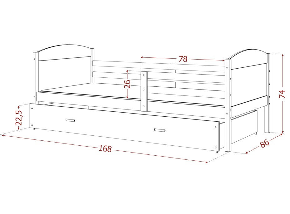 Dětská postel se šuplíkem MATTEO - 160x80 cm - šedo-bílá