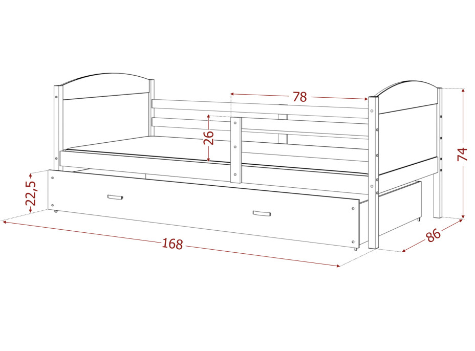 Dětská postel se šuplíkem MATTEO - 160x80 cm - bílá/borovice