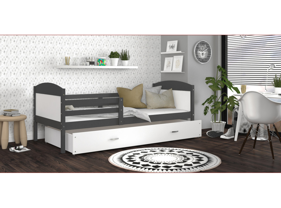 Dětská postel se šuplíkem MATTEO - 190x80 cm - bílo-šedá