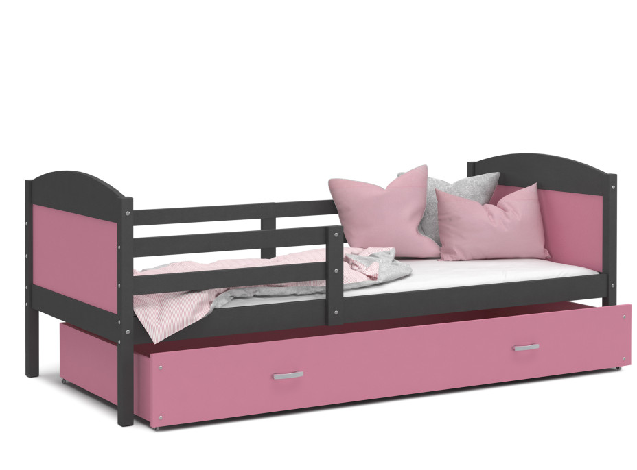Dětská postel se šuplíkem MATTEO - 160x80 cm - růžovo-šedá