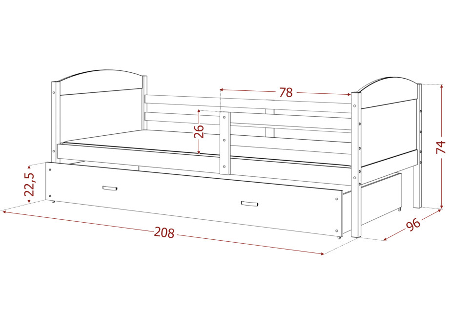 Dětská postel se šuplíkem MATTEO - 200x90 cm - růžová/borovice