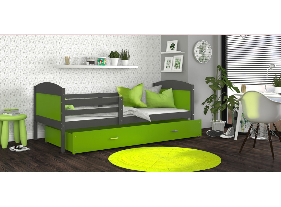 Dětská postel se šuplíkem MATTEO - 190x80 cm - zeleno-šedá