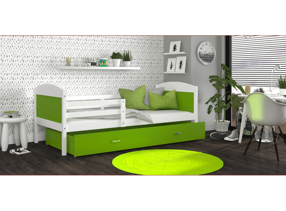 Dětská postel se šuplíkem MATTEO - 190x80 cm - zeleno-bílá