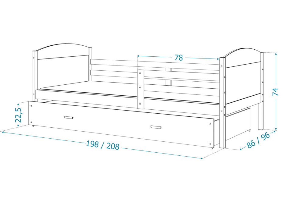 Dětská postel s přistýlkou MATTEO 2 - 200x90 cm - šedo-bílá