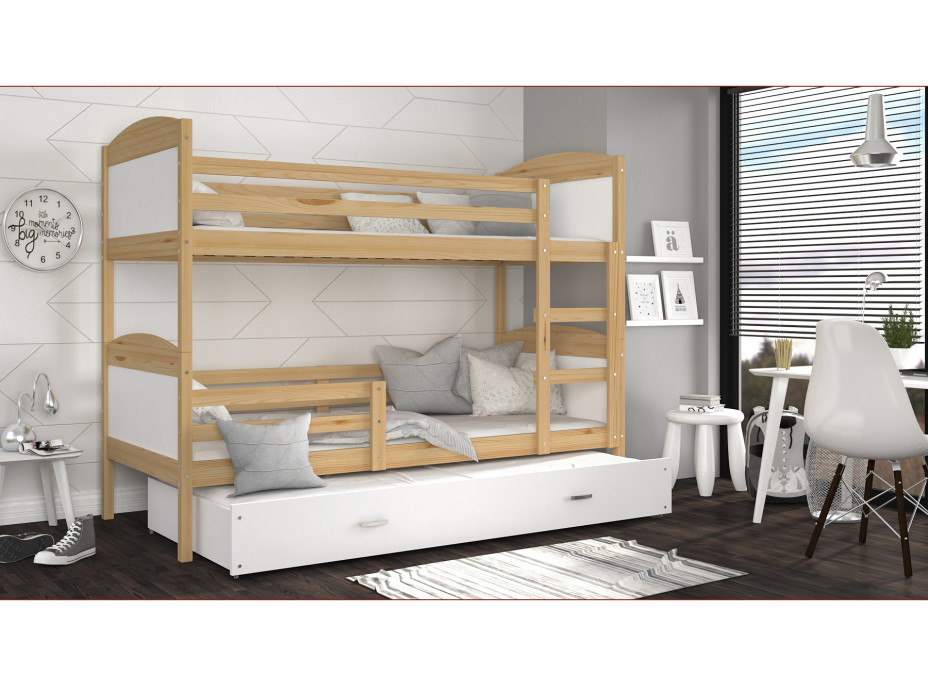 Dětská patrová postel s přistýlkou MATTEO - 200x90 cm - bílá/borovice