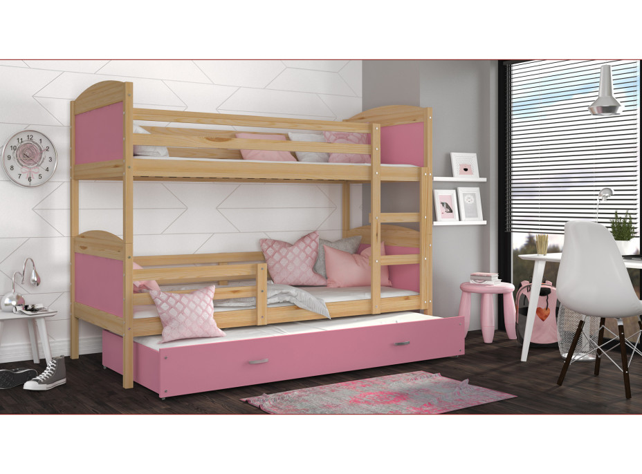 Dětská patrová postel s přistýlkou MATTEO - 190x80 cm - růžová/borovice