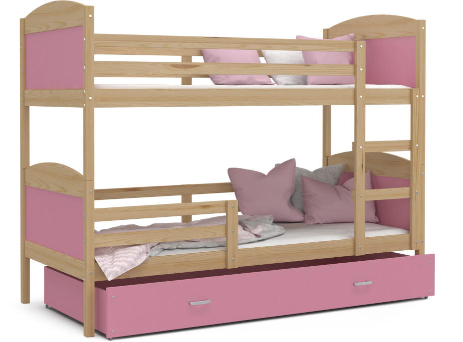 Dětská patrová postel se šuplíkem MATTEO - 160x80 cm - růžová/borovice