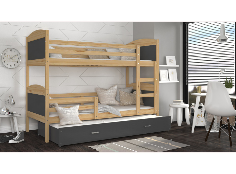 Dětská patrová postel s přistýlkou MATTEO - 190x80 cm - šedá/borovice