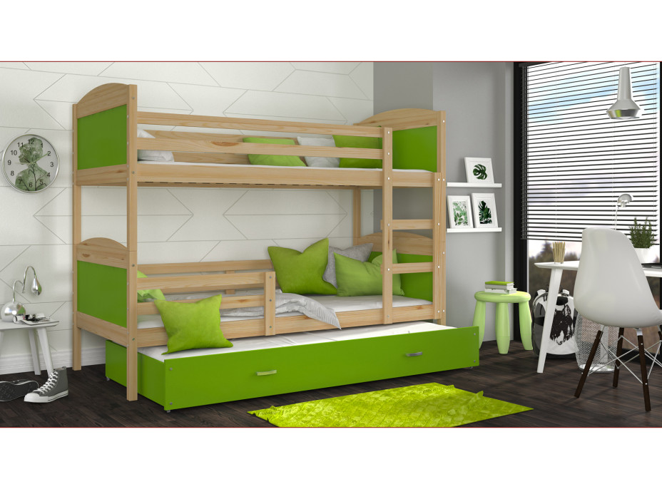 Dětská patrová postel s přistýlkou MATTEO - 190x80 cm - zelená/borovice