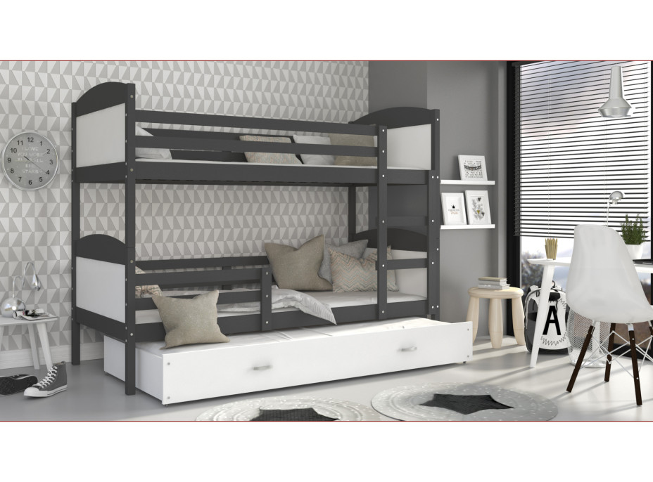 Dětská patrová postel s přistýlkou MATTEO - 200x90 cm - bílo-šedá