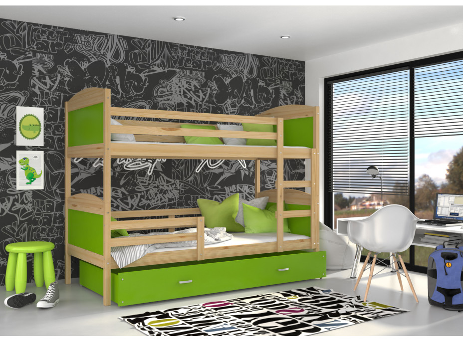 Dětská patrová postel se šuplíkem MATTEO - 200x90 cm - zelená/borovice