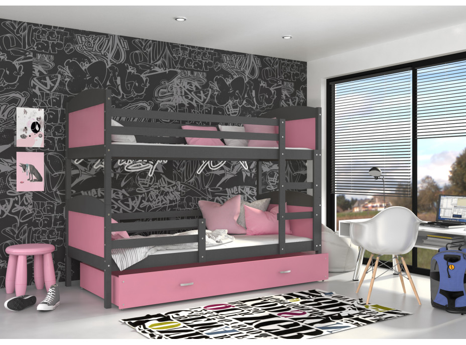 Dětská patrová postel se šuplíkem MATTEO - 200x90 cm - růžovo-šedá