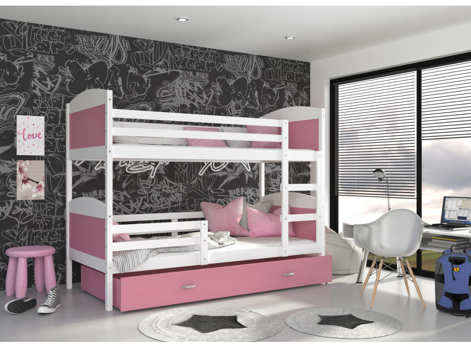 Dětská patrová postel se šuplíkem MATTEO - 200x90 cm - růžovo-bílá