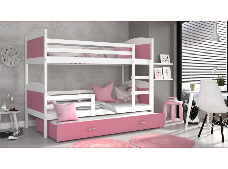 Dětská patrová postel s přistýlkou MATTEO - 200x90 cm - růžovo-bílá