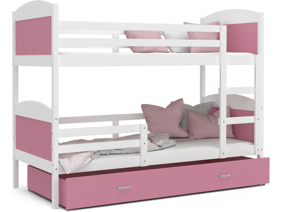 Dětská patrová postel se šuplíkem MATTEO - 190x80 cm - růžovo-bílá