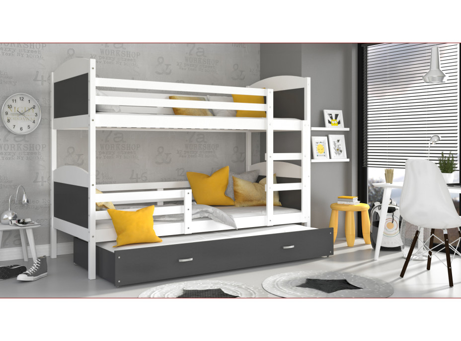 Dětská patrová postel s přistýlkou MATTEO - 200x90 cm - šedo-bílá