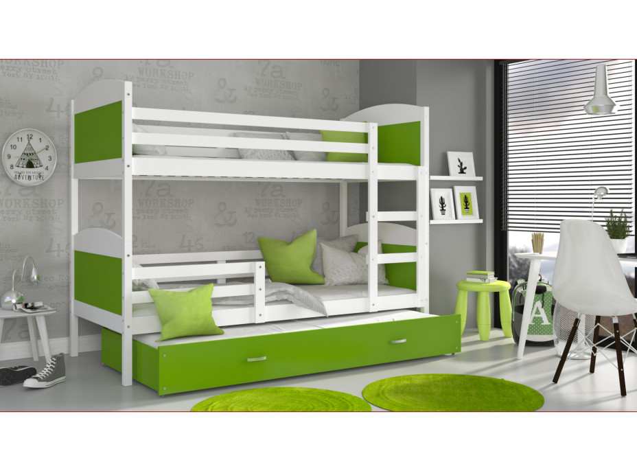 Dětská patrová postel s přistýlkou MATTEO - 190x80 cm - zeleno-bílá