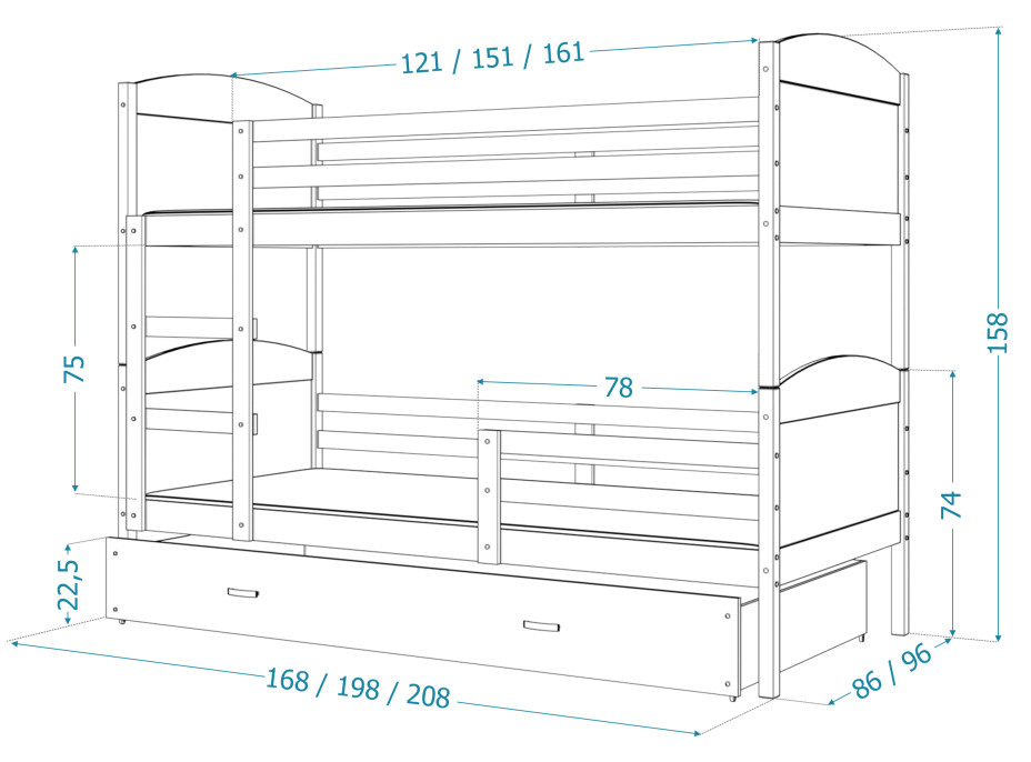 Dětská patrová postel se šuplíkem MATTEO - 190x80 cm - bílá