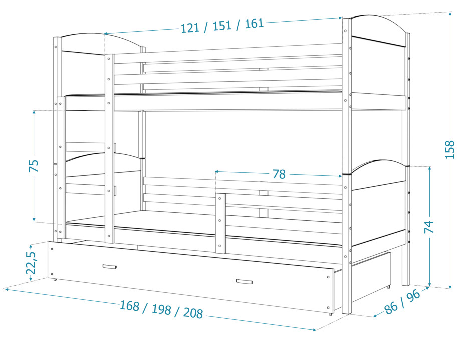 Dětská patrová postel se šuplíkem MATTEO - 200x90 cm - bílá