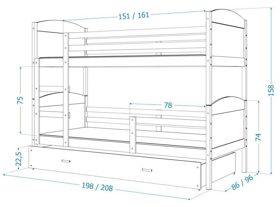 Dětská patrová postel s přistýlkou MATTEO - 200x90 cm - šedá/borovice