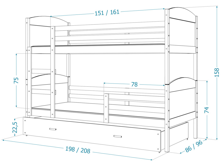 Dětská patrová postel s přistýlkou MATTEO - 190x80 cm - bílá/borovice
