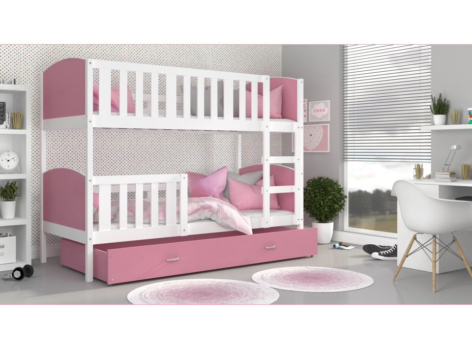Dětská patrová postel se šuplíkem TAMI Q - 190x80 cm - růžovo-bílá