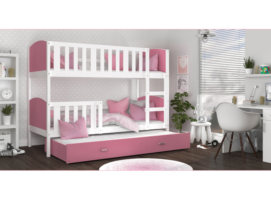 Dětská patrová postel s přistýlkou TAMI Q - 190x80 cm - růžovo-bílá