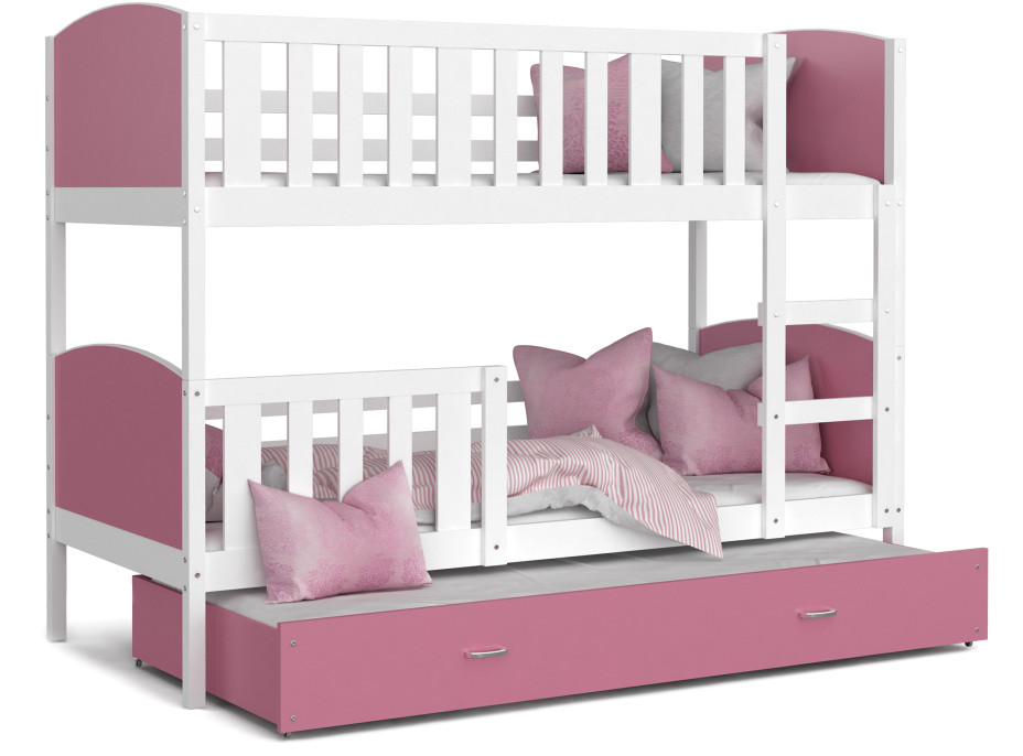 Dětská patrová postel s přistýlkou TAMI Q - 200x90 cm - růžovo-bílá