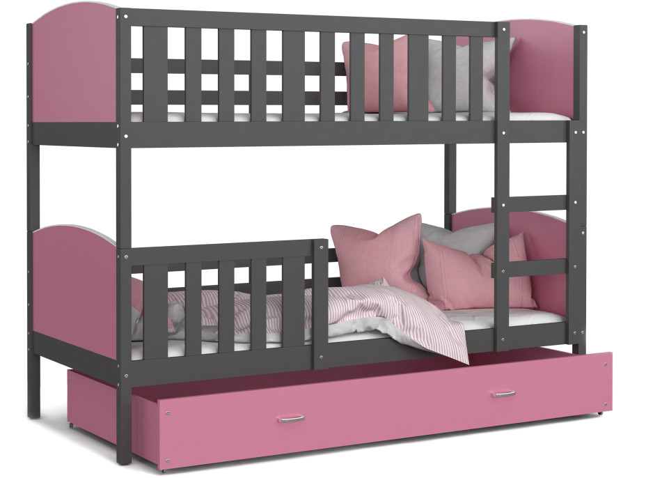 Dětská patrová postel se šuplíkem TAMI Q - 190x80 cm - růžovo-šedá