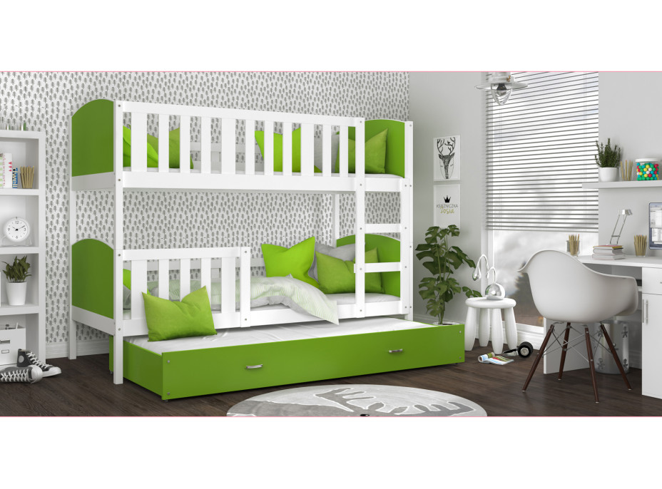 Dětská patrová postel s přistýlkou TAMI Q - 200x90 cm - zeleno-bílá