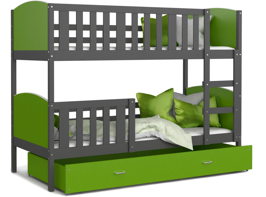 Dětská patrová postel se šuplíkem TAMI Q - 200x90 cm - zeleno-šedá