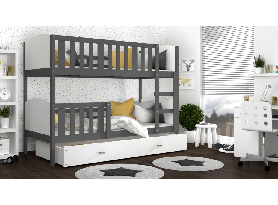Dětská patrová postel se šuplíkem TAMI Q - 200x90 cm - bílo-šedá