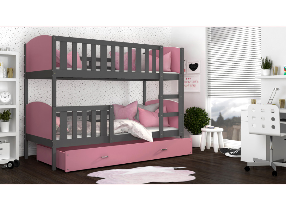 Dětská patrová postel se šuplíkem TAMI Q - 200x90 cm - růžovo-šedá
