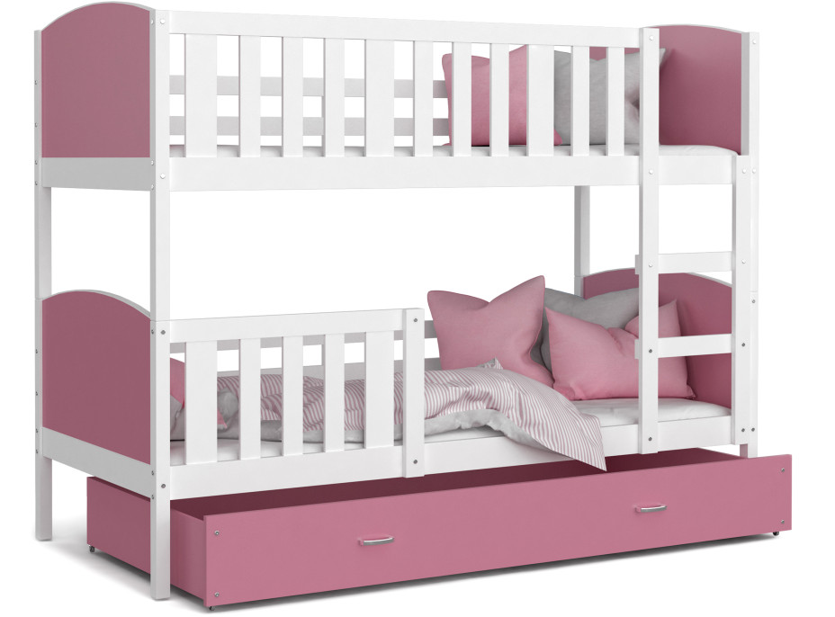 Dětská patrová postel se šuplíkem TAMI Q - 200x90 cm - růžovo-bílá