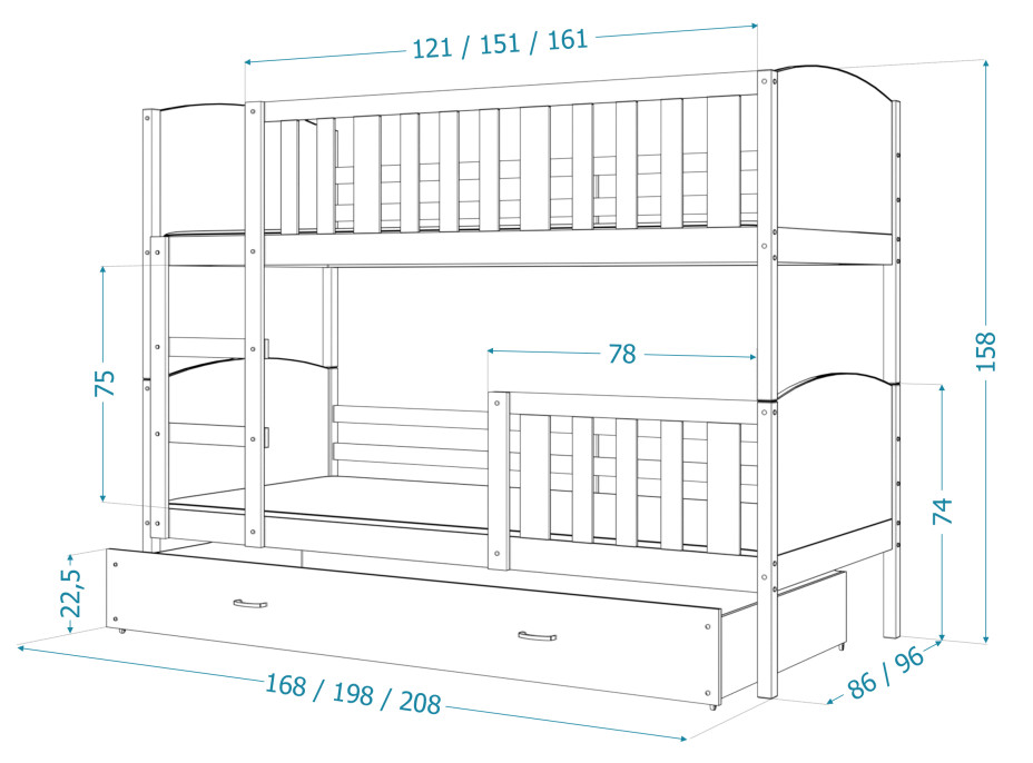 Dětská patrová postel se šuplíkem TAMI Q - 190x80 cm - růžovo-šedá