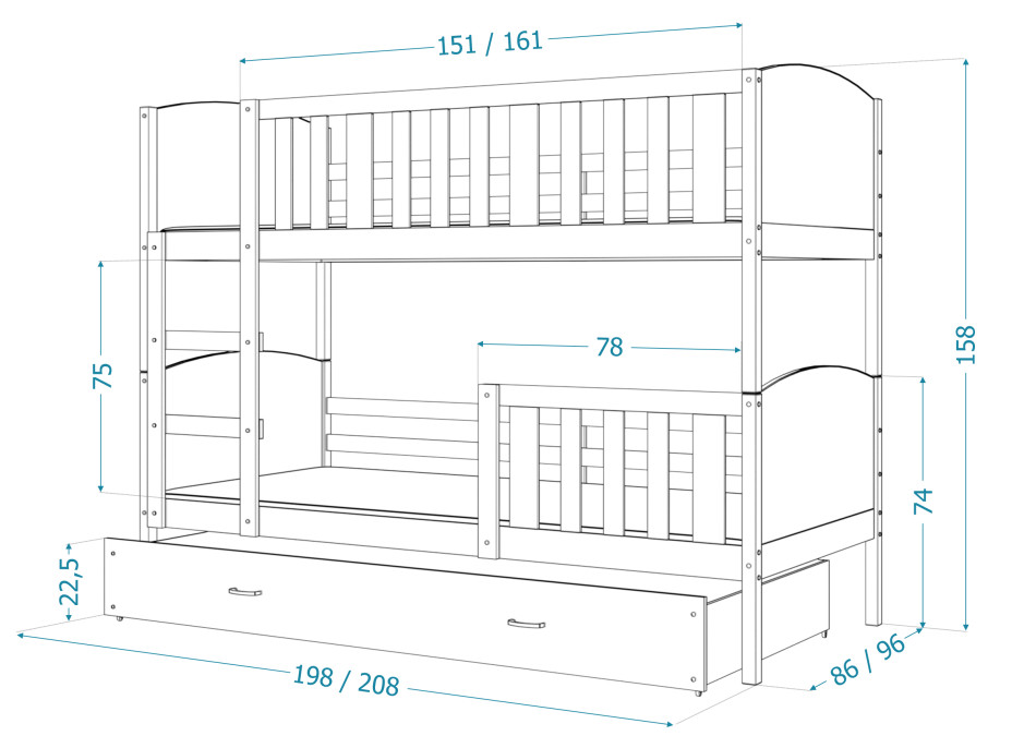Dětská patrová postel s přistýlkou TAMI Q - 190x80 cm - modro-bílá