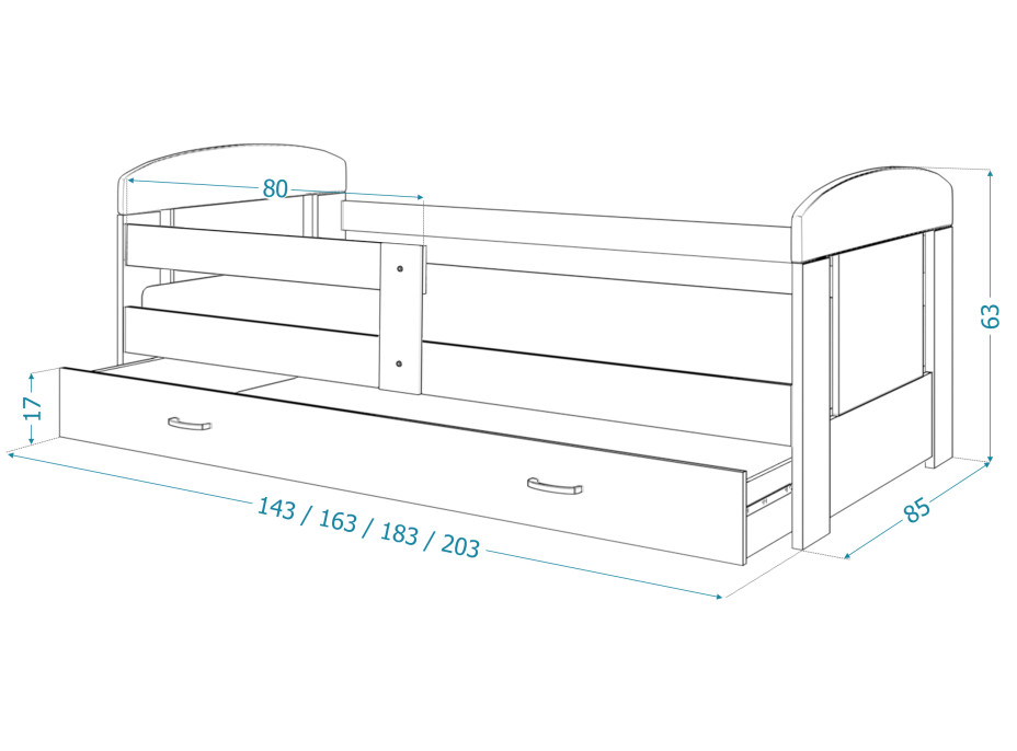 Dětská postel se šuplíkem PHILIP - 180x80 cm - bílá