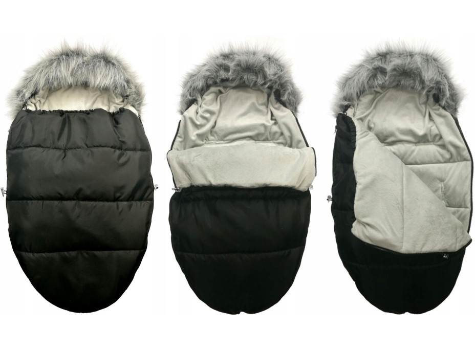 Dětský fusak do kočárku s kožešinou a rukávníkem – černo-šedý (22)