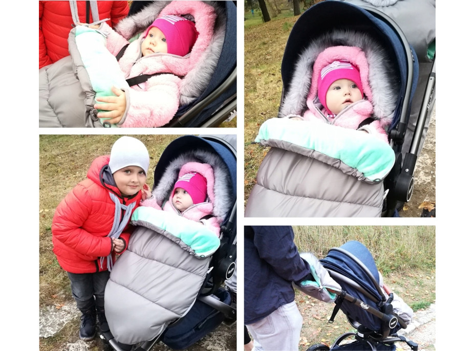 Dětský fusak do kočárku s kožešinou a rukávníkem – šedo-růžový (8)