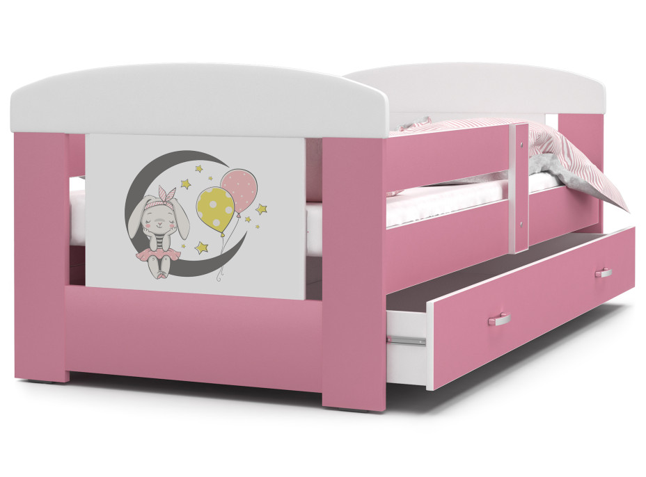 Dětská postel se šuplíkem PHILIP - 140x80 cm - růžová/králíček