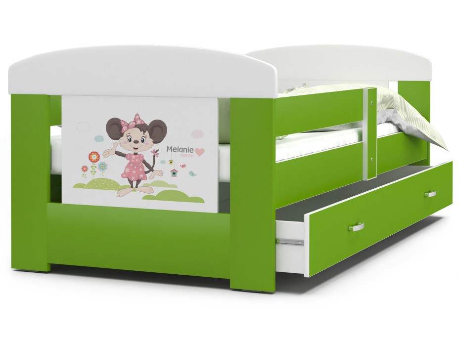 Dětská postel se šuplíkem PHILIP - 140x80 cm - zelená/myška