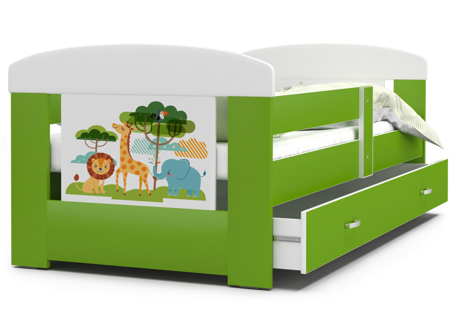 Dětská postel se šuplíkem PHILIP - 140x80 cm - zelená/zvířátka