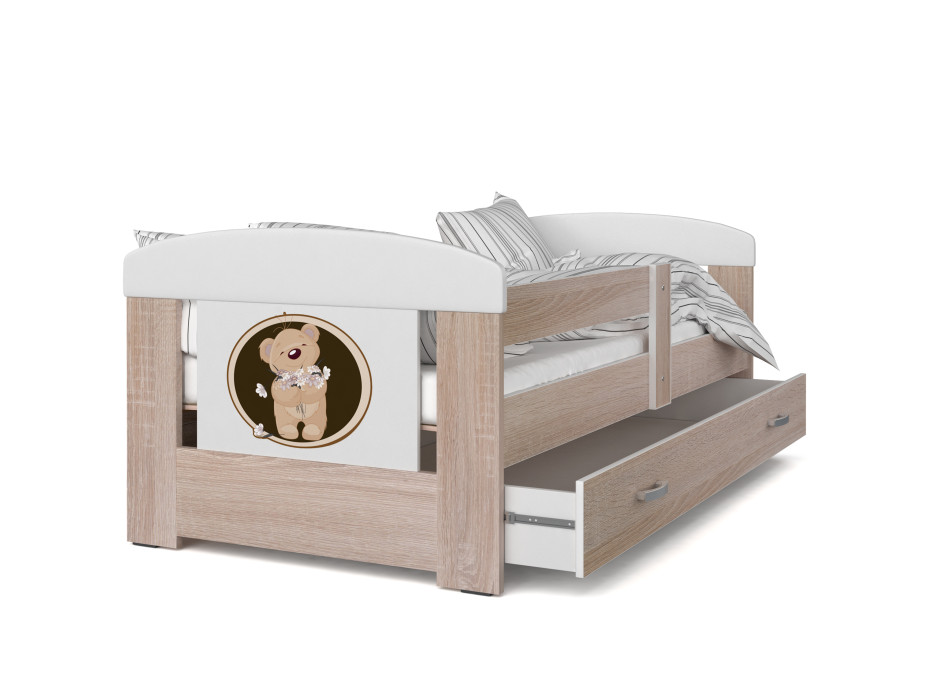 Dětská postel se šuplíkem PHILIP - 180x80 cm - sonoma/medvídek