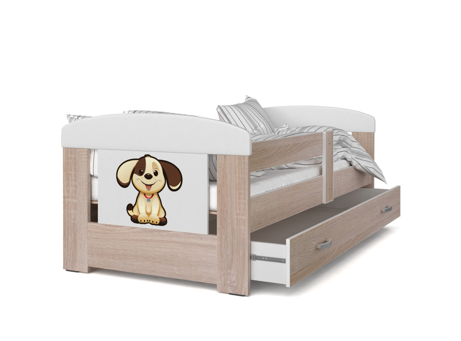 Dětská postel se šuplíkem PHILIP - 180x80 cm - sonoma/pejsek