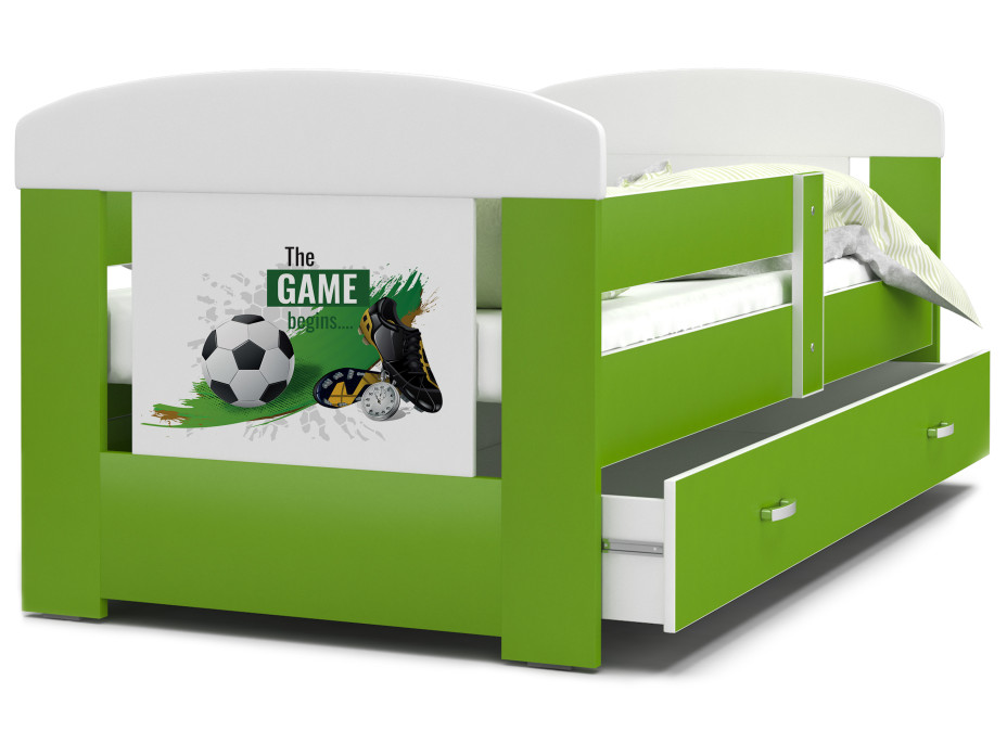 Dětská postel se šuplíkem PHILIP - 140x80 cm - zelená/fotbal