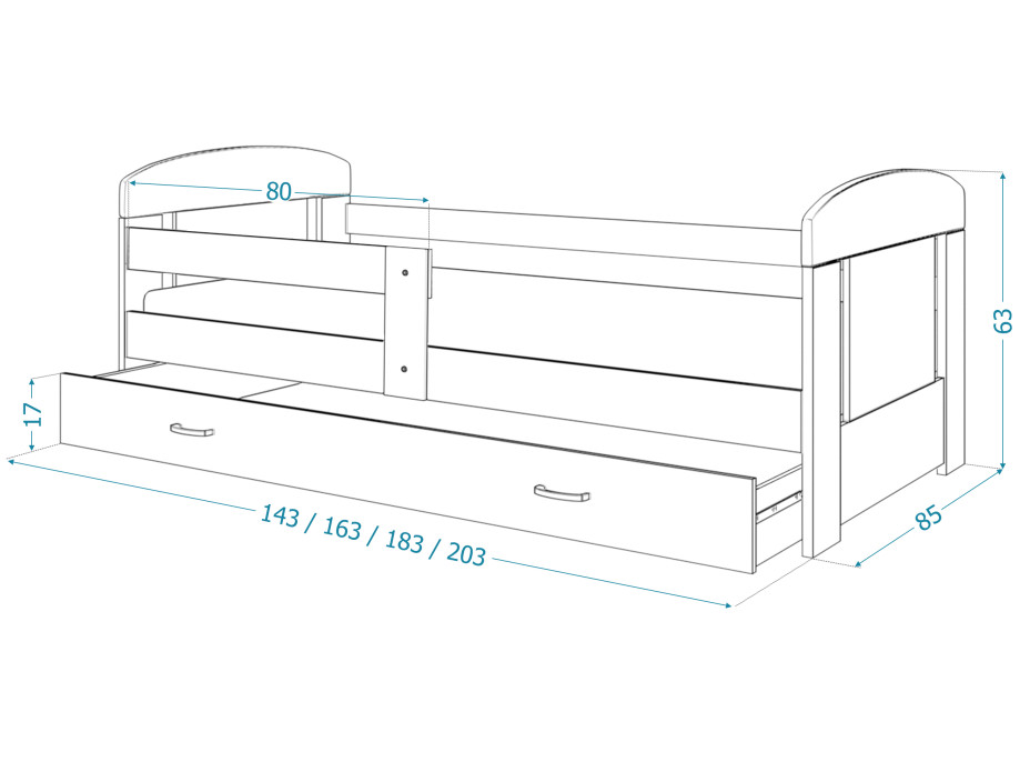 Dětská postel se šuplíkem PHILIP - 140x80 cm - sonoma/jednorožec