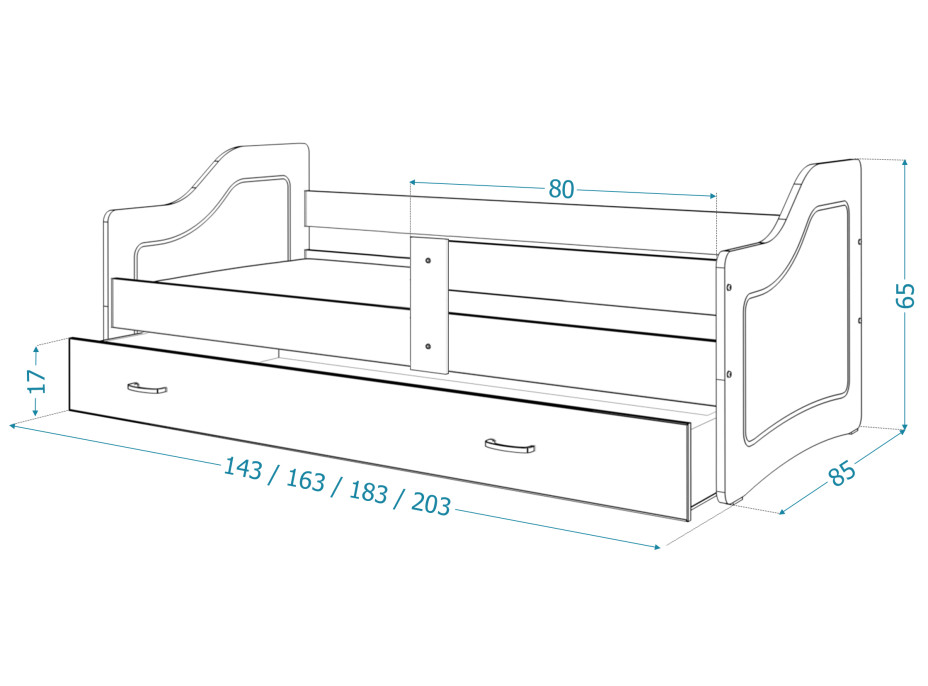 Dětská postel se šuplíkem SWEET - 180x80 cm - zeleno-bílá