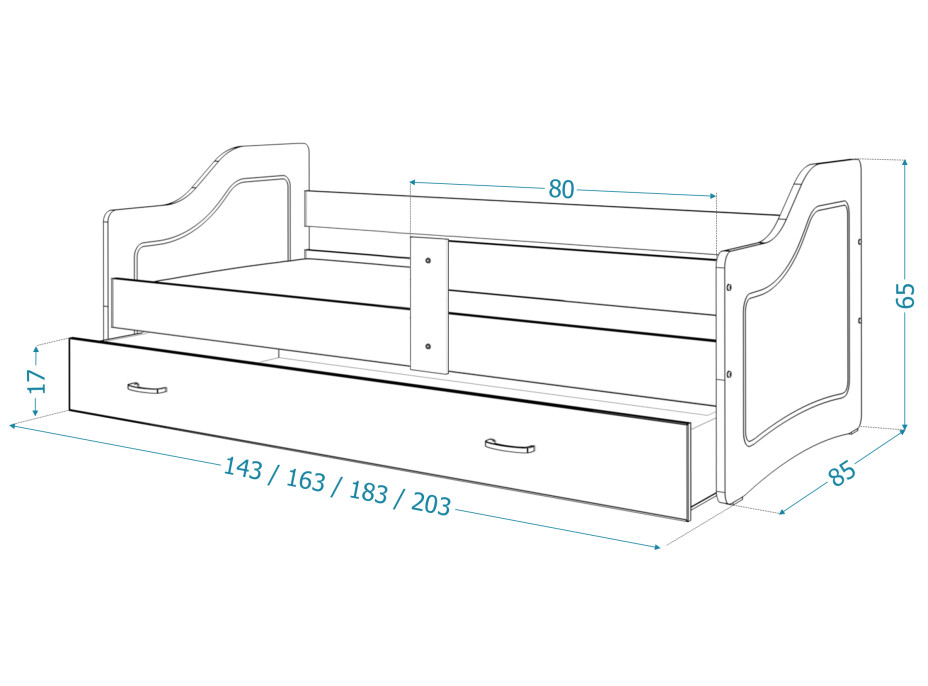 Dětská postel se šuplíkem SWEET - 180x80 cm - bílá