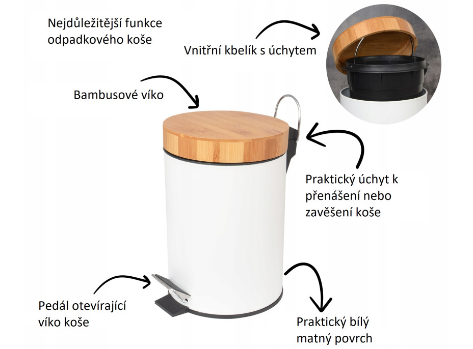 Odpadkový koš do koupelny s bambusovým krytem 3l - bílý