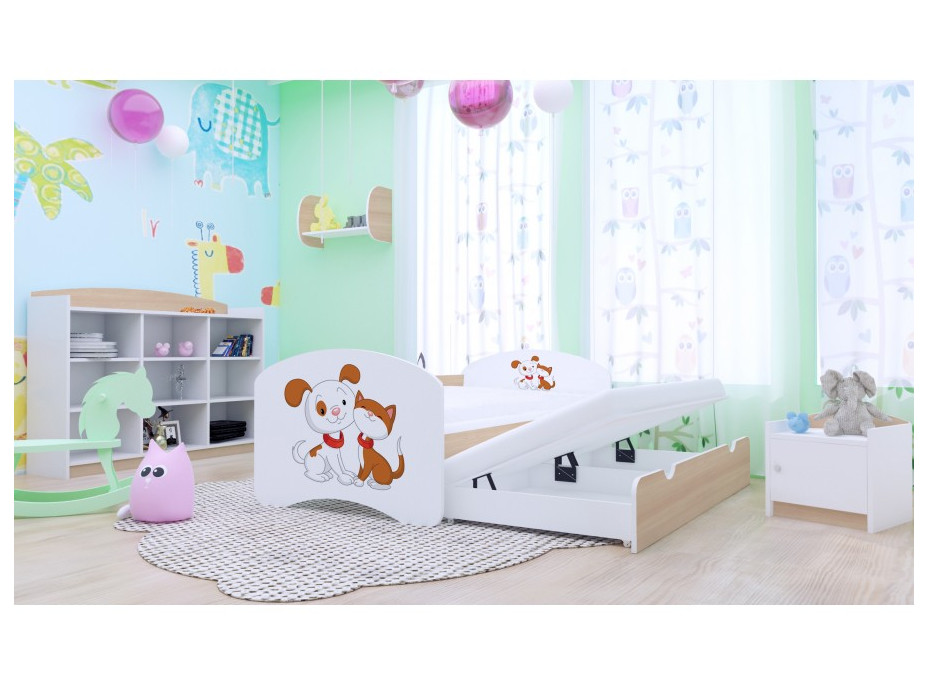 Dětská postel pro DVA (s výsuvným lůžkem) 200x90 cm - PEJSEK A KOČIČKA